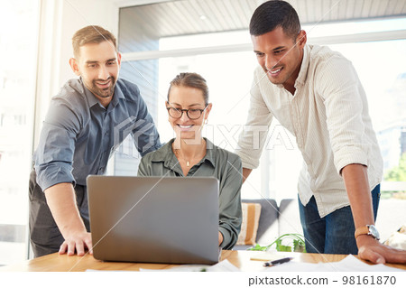 Business people, meeting and laptop for collaboration, teamwork and discussion for marketing management presentation idea. Happy team talking on SEO research, goals and motivation for online project Business people, meeting and laptop for collaboration, teamwork and discussion for marketing management presentation idea. Happy team talking on SEO research, goals and motivation for online project 98161870
