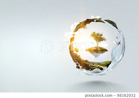 Green sphere landscape with grass and clear water 98162032