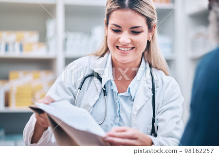 Healthcare, pharmacist and man at counter, medicine, prescription drugs and happy service at drug store. Health, wellness and medical insurance, customer and woman at pharmacy for advice and pills. Healthcare, pharmacist and man at counter, medicine, prescription drugs and happy service at drug store. Health, wellness and medical insurance, customer and woman at pharmacy for advice and pills. 98162257