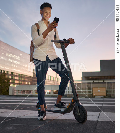 Businessman, electric scooter or phone at city travel sunset by New York buildings on location map. Happy smile, designer or escooter transport, environment and carbon footprint transport with mobile Businessman, electric scooter or phone at city travel sunset by New York buildings on location map. Happy smile, designer or escooter transport, environment and carbon footprint transport with mobile 98162431