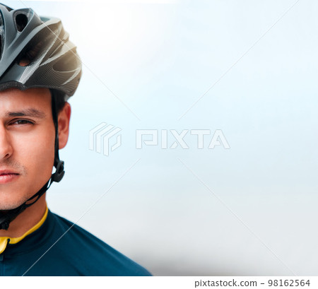 Man face and bike helmet in training workout Stock Photo