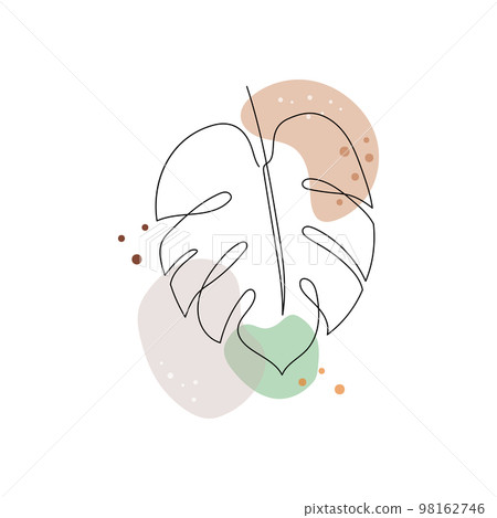 Line art monstera plant leaf. Minimal continuous line monstera foliage drawing illustration. Tropical modern abstract design background. 98162746