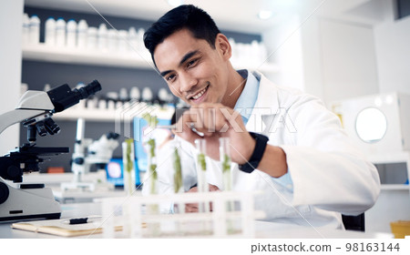 Scientist, plant and research in laboratory, microscope or test tube with innovation, analytics or happy smile in work. Science man, biology analysis or expert working with chemicals in chemistry lab 98163144