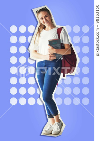 Graphic, education and student advertising college on creative wallpaper with cutout of body. Motivation, vision and portrait of a girl with books, motivation and smile for university with background Graphic, education and student advertising college on creative wallpaper with cutout of body. Motivation, vision and portrait of a girl with books, motivation and smile for university with background 98163150