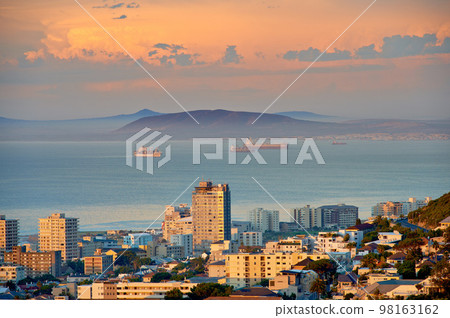 Cape Town at sunrise. A high angle view of Cape Town at sunrise. 98163162