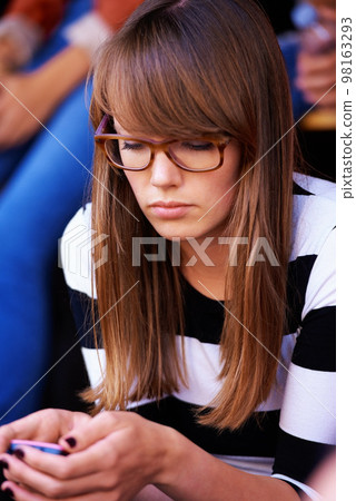 Girl, smartphone and contact, text message or social media check, communication and technology with young, gen z youth. Online, social network and mobile phone with app and internet, wifi and 5g. 98163293