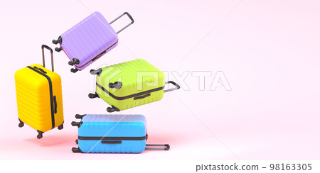 Colorful suitcase flying on pink background. 3D render of summer vacation Colorful suitcase flying on pink background. 3D render of summer vacation 98163305