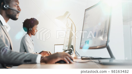 Customer support team, communication and computer consultant on telecom microphone, CRM software or IT customer service. Contact us call center, flare light and telemarketing black people consulting 98163482
