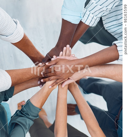 Diversity, hands and team above in support, trust and unity for collaboration, agreement or meeting at the office. Group hand of diverse people in teamwork, cooperation and solidarity for community Diversity, hands and team above in support, trust and unity for collaboration, agreement or meeting at the office. Group hand of diverse people in teamwork, cooperation and solidarity for community 98163599