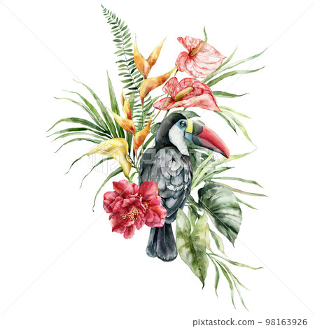 Watercolor tropical bouquet of flowers and toucan. Hand drawn card of bird, hibiscus, orchid, monstera and etlingera. Floral illustration isolated on white background for design, print or background. 98163926