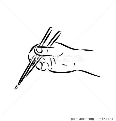 Japanese chopsticks. Hand with Chinese Sticks. Bamboo Chopsticks. Asian cuisine. Vector flat outline icon illustration isolated on white background. 98164425