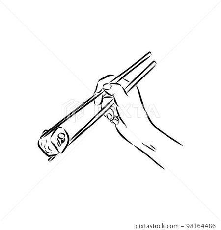 Japanese chopsticks. Hand with Chinese Sticks. Bamboo Chopsticks. Asian cuisine. Vector flat outline icon illustration isolated on white background. 98164486