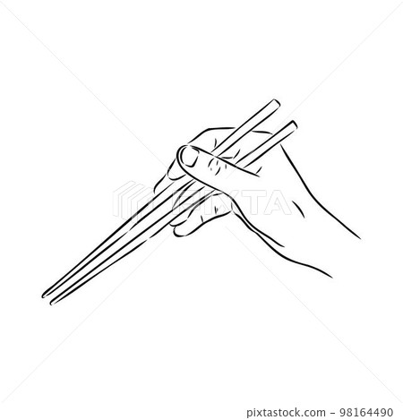 Japanese chopsticks. Hand with Chinese Sticks. Bamboo Chopsticks. Asian cuisine. Vector flat outline icon illustration isolated on white background. Japanese chopsticks. Hand with Chinese Sticks. Bamboo Chopsticks. Asian cuisine. Vector flat outline icon illustration isolated on white background. 98164490