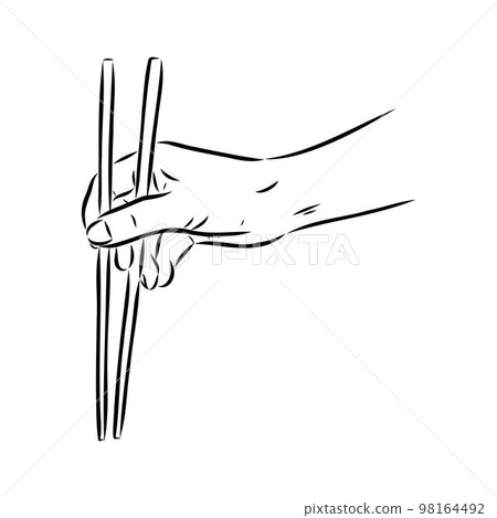 Japanese chopsticks. Hand with Chinese Sticks. Bamboo Chopsticks. Asian cuisine. Vector flat outline icon illustration isolated on white background. 98164492