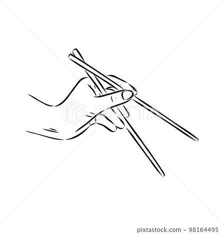 Japanese chopsticks. Hand with Chinese Sticks. Bamboo Chopsticks. Asian cuisine. Vector flat outline icon illustration isolated on white background. Japanese chopsticks. Hand with Chinese Sticks. Bamboo Chopsticks. Asian cuisine. Vector flat outline icon illustration isolated on white background. 98164495