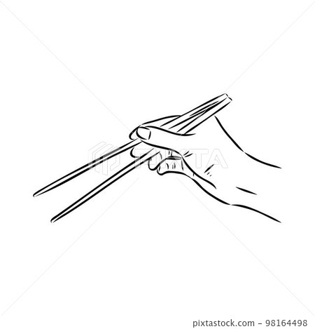 Japanese chopsticks. Hand with Chinese Sticks. Bamboo Chopsticks. Asian cuisine. Vector flat outline icon illustration isolated on white background. Japanese chopsticks. Hand with Chinese Sticks. Bamboo Chopsticks. Asian cuisine. Vector flat outline icon illustration isolated on white background. 98164498