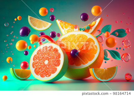 bright abstract background with fruits and splashes of juicy colors 98164714