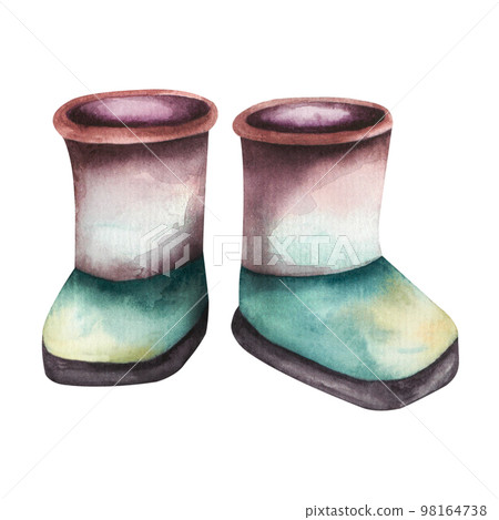 Watercolor baby illustration with boots. Boots. Watercolor illustration isolated on white background Watercolor baby illustration with boots. Boots. Watercolor illustration isolated on white background 98164738