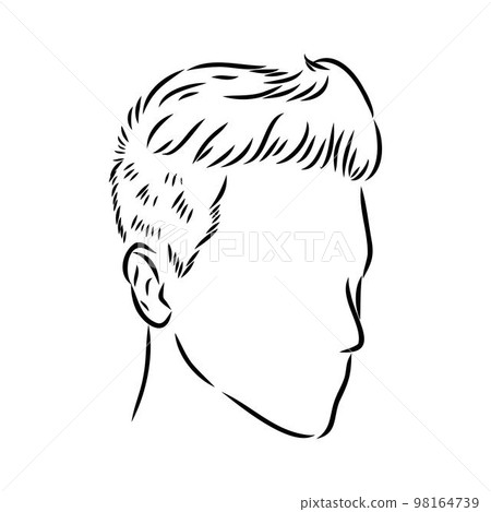 Continuous one line drawing of adult man portrait with beard and mustache. Fashionable men's style vector illustration. Sad guy in profile hand drawn contour sketch clip art. Continuous one line drawing of adult man portrait with beard and mustache. Fashionable men's style vector illustration. Sad guy in profile hand drawn contour sketch clip art. 98164739