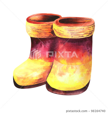 Watercolor baby illustration with boots. Boots. Watercolor illustration isolated on white background Watercolor baby illustration with boots. Boots. Watercolor illustration isolated on white background 98164740