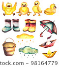Baby illustration. Watercolor baby set with ducklings, boots umbrella, clouds and ships 98164779