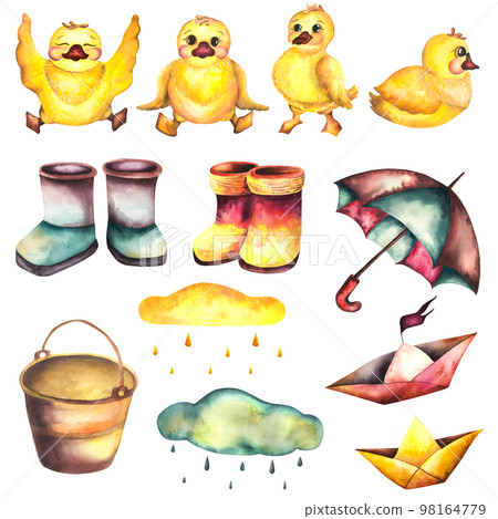 Baby illustration. Watercolor baby set with ducklings, boots umbrella, clouds and ships Baby illustration. Watercolor baby set with ducklings, boots umbrella, clouds and ships 98164779
