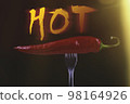 Hot chili peppers on fork. Extra spicy. Mexican food with pepper. Seasonings and spices. Hellish seasoning. 98164926