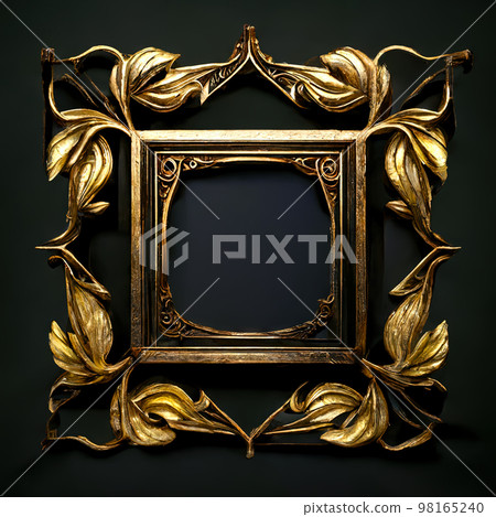 Golden ornamental frame on black bakcground. Retro golden frame with vintage ornament. Generative AI. 98165240