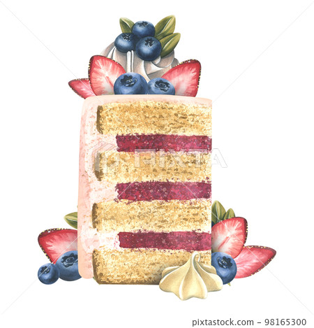 A piece of cake decorated with strawberries, blueberries, meringue and cream. Watercolor illustration. A composition from the collection of SWEETS. For the design and design of menus, recipes, cafes. 98165300