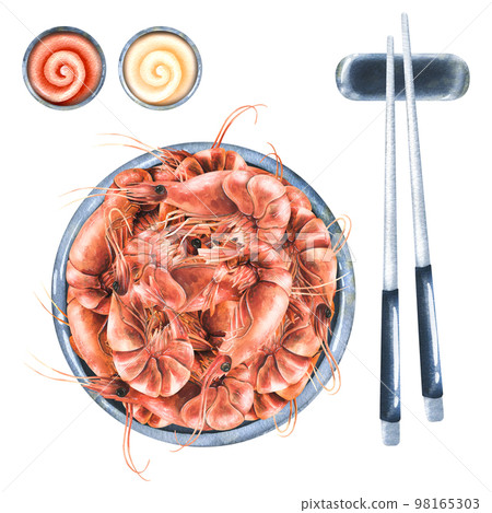 Boiled shrimp in a ceramic bowl. Watercolor illustration. Composition from the SHRIMP collection. For the decoration and design of menus, recipes, cafes, restaurants, shops, packaging, logos, tags. 98165303