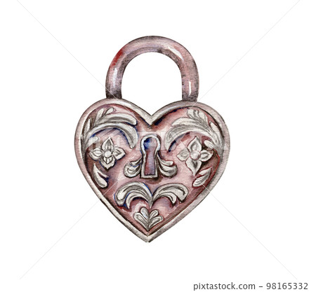 Watercolor illustration of an old rusty element carved lock. Hand-drawn in watercolour on a white background. Perfect for wedding invitation, greetings card, posters, party decor. 98165332