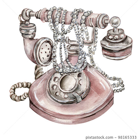 Watercolor illustration of an old pink telephone with pearls. An old rusty enamel element. Hand-drawn in watercolour on a white background. Perfect for wedding invitation, greetings card, posters. Watercolor illustration of an old pink telephone with pearls. An old rusty enamel element. Hand-drawn in watercolour on a white background. Perfect for wedding invitation, greetings card, posters. 98165333