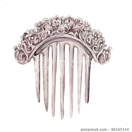 Watercolor illustration of an old ornamented hair comb.An old rusty enamel element. Hand-drawn in watercolour on a white background. Perfect for wedding invitation, greetings card, posters. Watercolor illustration of an old ornamented hair comb.An old rusty enamel element. Hand-drawn in watercolour on a white background. Perfect for wedding invitation, greetings card, posters. 98165334