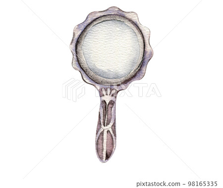Watercolor illustration of an old mirror .An old rusty enamel element. Hand-drawn in watercolour on a white background. Perfect for wedding invitation, greetings card, posters, party decor. 98165335