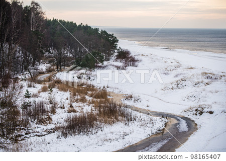 View to the small river flowing near the Baltic sea in winter in Saulkrasti in Latvia 98165407