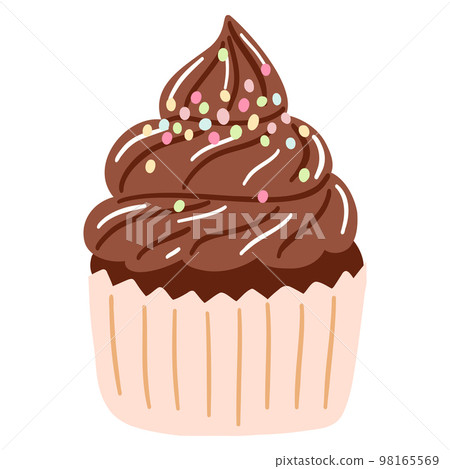 Hand drawn delicious chocolate cupcake in cartoon style. Vector illustration of sweets, dessert, pastries 98165569