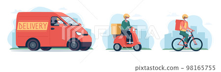 Online delivery service concept, safe quarantine. A courier in a medical mask on a bicycle, a moped and a cargo van for delivery. Set of vector illustrations flat, transport, red 98165755