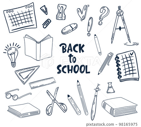 School supplies. Back to school. Big set of doodle hand draw school items. Books, pencils, pens, notebooks, erasers, paper, clips, compasses. Study. Vector illustration 98165975