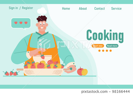 Cartoon chef and fruit platter, banner, web design for cooking. Illustration, vector Cartoon chef and fruit platter, banner, web design for cooking. Illustration, vector 98166444