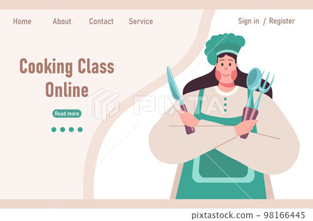 Cartoon woman chef with knife, banner, web design for cooking. Illustration, vector Cartoon woman chef with knife, banner, web design for cooking. Illustration, vector 98166445