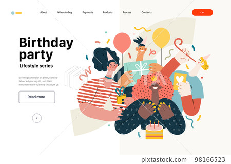 Lifestyle web template - Birthday party - modern flat vector illustration of men and women celebrating birthday, giving presents. People activities concept Lifestyle web template - Birthday party - modern flat vector illustration of men and women celebrating birthday, giving presents. People activities concept 98166523