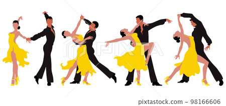 Set of dancing couples, tango, man and woman, yellow and black design. Illustration, vector 98166606