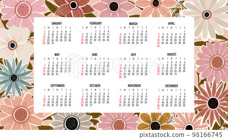 Calendar 2023 with 12 months. Sunday week start annual calendar. Single page calendar template with hand drawn boho plants and flowers. vector illustration Calendar 2023 with 12 months. Sunday week start annual calendar. Single page calendar template with hand drawn boho plants and flowers. vector illustration 98166745
