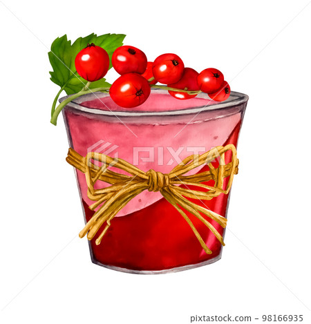 Watercolor yogurt with currant berries isolated on white background. Hand drawn illustration. Clip art berry. Jar with jelly,dessert, yogurt. Viva Magenta color. 98166935