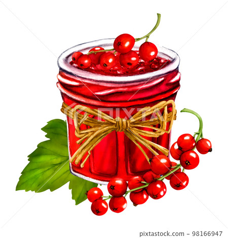 Watercolor jar with jelly isolated on white background. Hand drawn illustration. Clip art berry branches. Viva Magenta color. Watercolor jar with jelly isolated on white background. Hand drawn illustration. Clip art berry branches. Viva Magenta color. 98166947