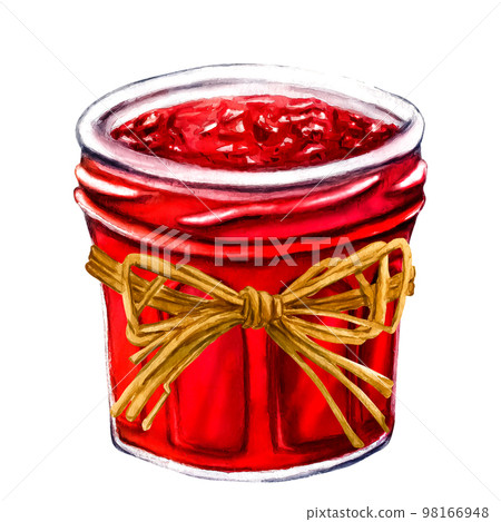 Watercolor jar with jelly isolated on white background. Hand drawn illustration. Clip art berry branches. Viva Magenta color. 98166948