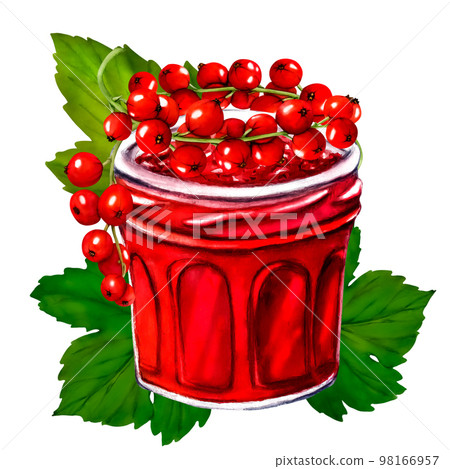 Watercolor jar with jelly isolated on white background. Hand drawn illustration. Clip art berry branches. Viva Magenta color. 98166957