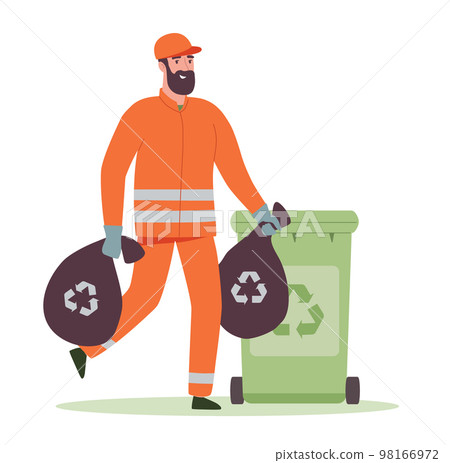 Janitor in carries bags of garbage into the trash can in the city. A man in uniform cleans up waste in recycle containers for separate rubbish reuse. Vector illustration in flat style on a white Janitor in carries bags of garbage into the trash can in the city. A man in uniform cleans up waste in recycle containers for separate rubbish reuse. Vector illustration in flat style on a white 98166972