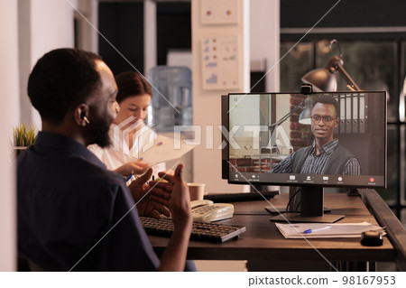 African american company ceo speaking on videoconference with coworker, business strategy discussion on videocall. Teamleader talking on teleconference, corporate online meeting African american company ceo speaking on videoconference with coworker, business strategy discussion on videocall. Teamleader talking on teleconference, corporate online meeting 98167953