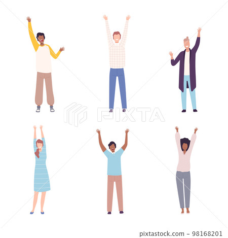 Set of happy people celebrating win or goal achievement. Male and female characters standing with their hands raised flat vector illustration 98168201